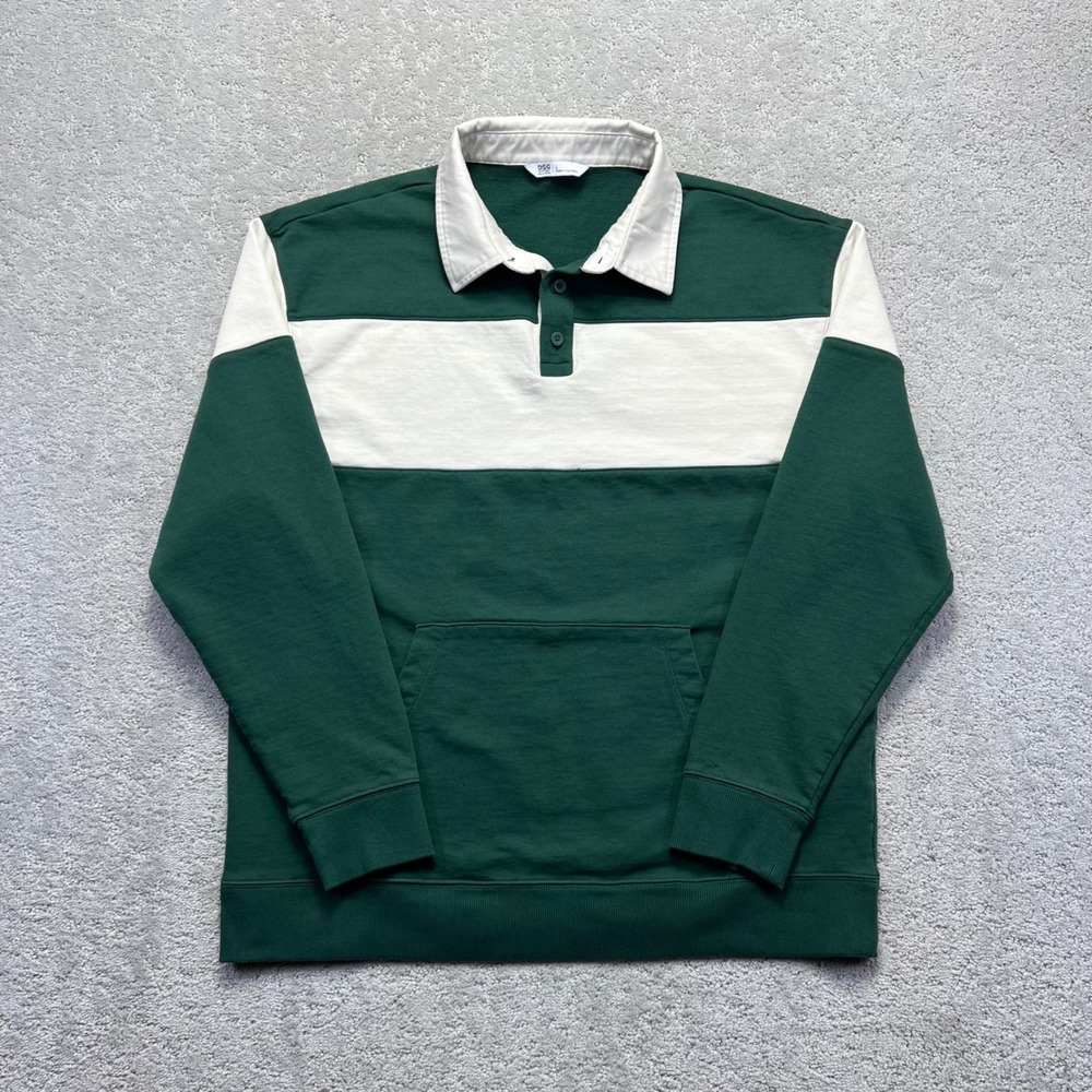 DSG Rugby Shirt Mens Large Green White Longsleeve Polo Kangaroo Pocket Collar